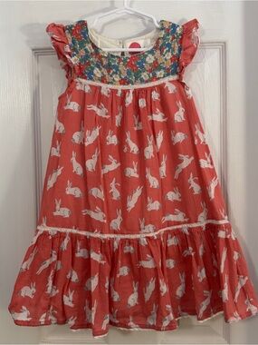 Mini Boden Baby Girl Red Dress with White Bunny Print and Floral Print